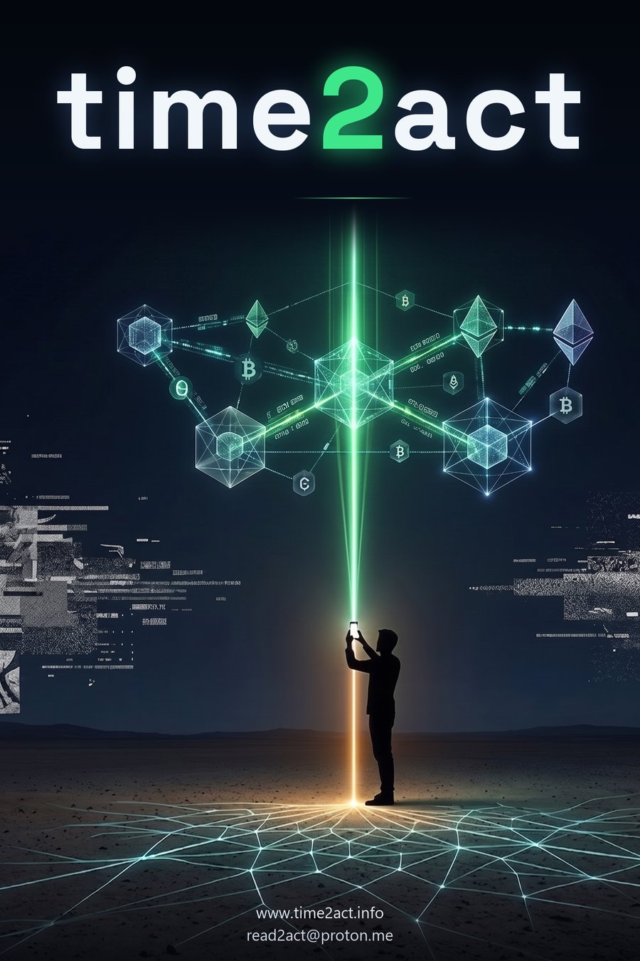 Portada de time2act: una persona ancla con el móvil un haz de luz en una red blockchain